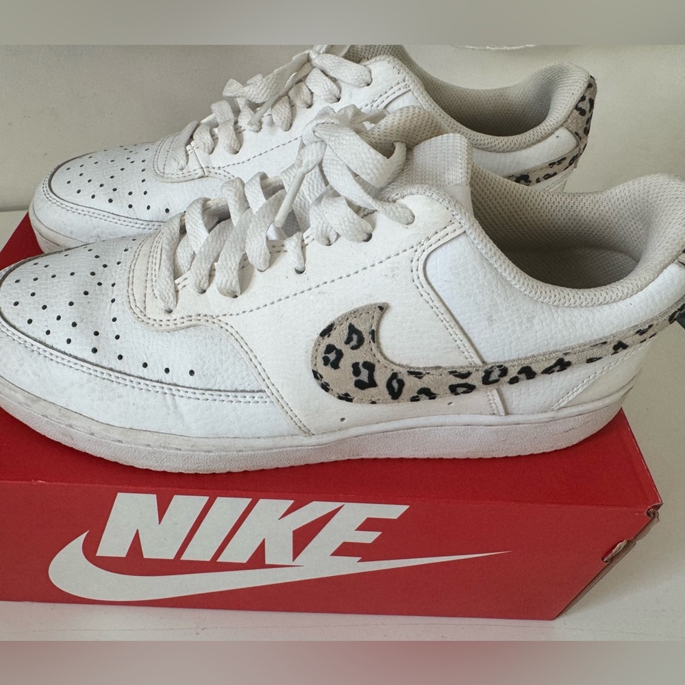 Nike White Sneakers with Leopard Print Swoosh